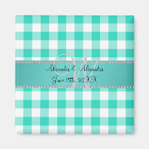Wedding monogram turquoise gingham checkers magnets