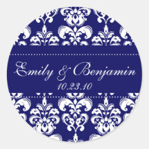 Wedding Names Date Damask Navy #5 Stickers