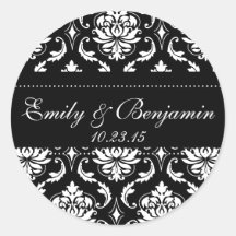 Wedding Names Date Damask Wedding Stickers Black