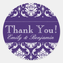 Wedding Names Purple Damask Thank You Labels Stickers