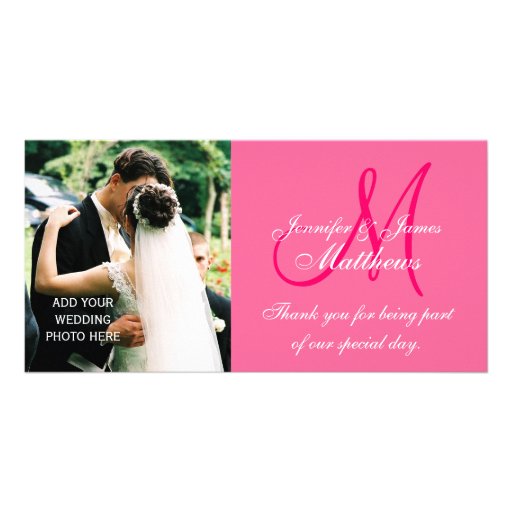 Wedding Photo Thank You Cards with Monogram Pink Photo Card