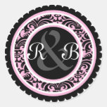 Wedding Pink Damask Monogram Initial Sticker