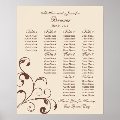 This wedding seating chart features brown swirls and curls on a cream 