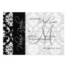 Wedding RSVP Cards Black Damask Monogram Personalized Invitation