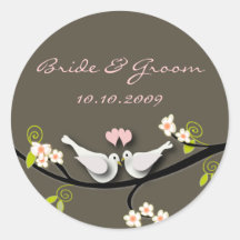 Wedding Sticker love doves + blossoms branch
