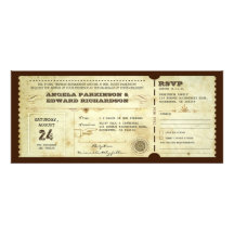 wedding vintage ticket invitation with rsvp design