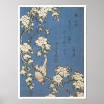 Weeping Cherry and Bullfinch, Hokusai, 1834 Posters