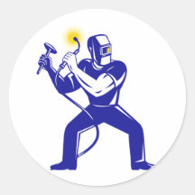 welder welding  worker cartoon round stickers