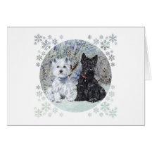 Westie and Scottie in Snowy Landscape Greeting Card