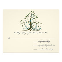 Whimsical Brown Teal Green Tree Wedding RSVP Invitation