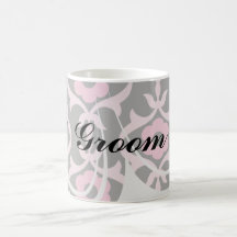 whimsical chic pink flower damask on black coffee mugs