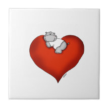 Whimsical Hippo on Heart Ceramic Tiles