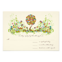 Whimsical Patchwoork Flower Tree Wedding RSVP Invite