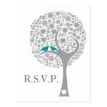 whimsy tree blue lovebirds mod wedding rsvp postcards