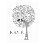 whimsy tree purple lovebirds mod wedding rsvp postcards