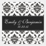 White and Black Damask Wedding Favor Square Sticker