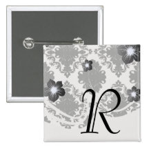 white and black romantic damask design pinback button
