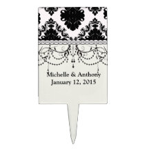 white and black romantic damask design cake topper