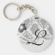 white and black romantic damask design key chain