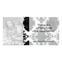 white and black romantic damask design customised photo card