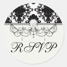 white and black romantic damask design round stickers