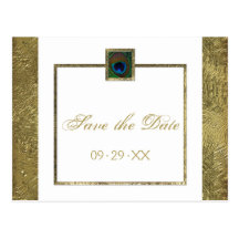 White and Gold Peacock Feather Save the Date Card Post Card