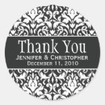 White & Black Damask Round Wedding Labels Sticker