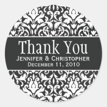 White & Black Damask Round Wedding Labels Sticker