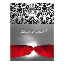 WHITE BLACK RED RIBBON DAMASK GEM STONE MONOGRAM r Personalized Invitation
