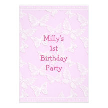 White Butterfly Pretty Pink 1st Birthday Party Custom Invites