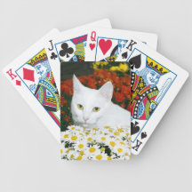 White cat in fall flowers deck of cards