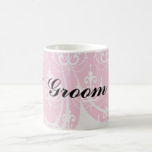 white chandelier on pretty chic pink damask coffee mugs