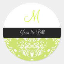 White Damask,  chartreuse wedding monogram Stickers