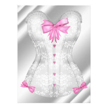White Damask Pink Bows Corset Lingerie Shower Custom Invitation