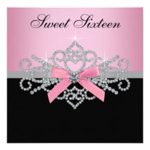 White Diamonds Pink Black Sweet 16 Birthday Party Personalised Announcement