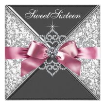 White Diamonds Pink Black Sweet 16 Birthday Party Invites