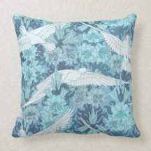 White doves and Flowers - blue Pillows