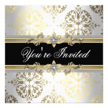 White Gold Black Damask Party Invitations