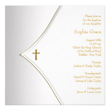 White Gold Cross Baby Boy Girl Christening Invitation