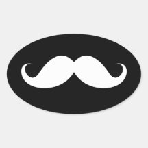 White handlebar moustache on black background oval stickers