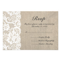 White Lace and Burlap Wedding RSVP Card Personalised Invite