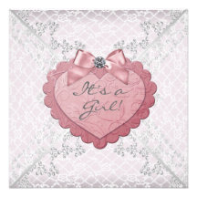 White Lace Pink Heart Pink White Baby Girl Shower Invite