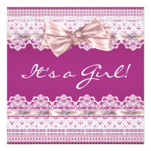White Lace Pink Ribbon Hot Pink Girl Baby Shower Announcements