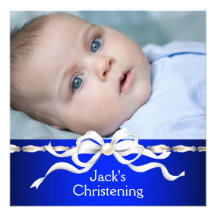 White Navy Blue Baby Boy Photo Christening Personalized Invitations