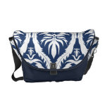 White on Blue Bold Damask Floral Messenger Bag