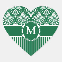 White on Green Damask Heart Stickers