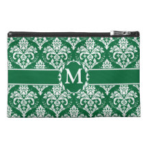 White on Green Damask Travel Accessory Bags