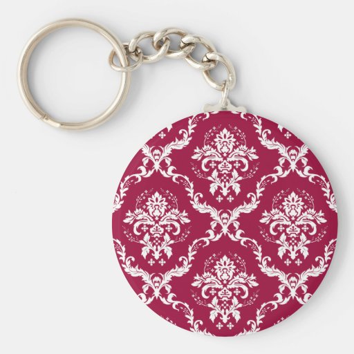 White on Red Damask Pattern Key Chains