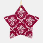 White on Red Damask Pattern Christmas Tree Ornaments