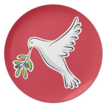 White peace dove with olive branch red plate